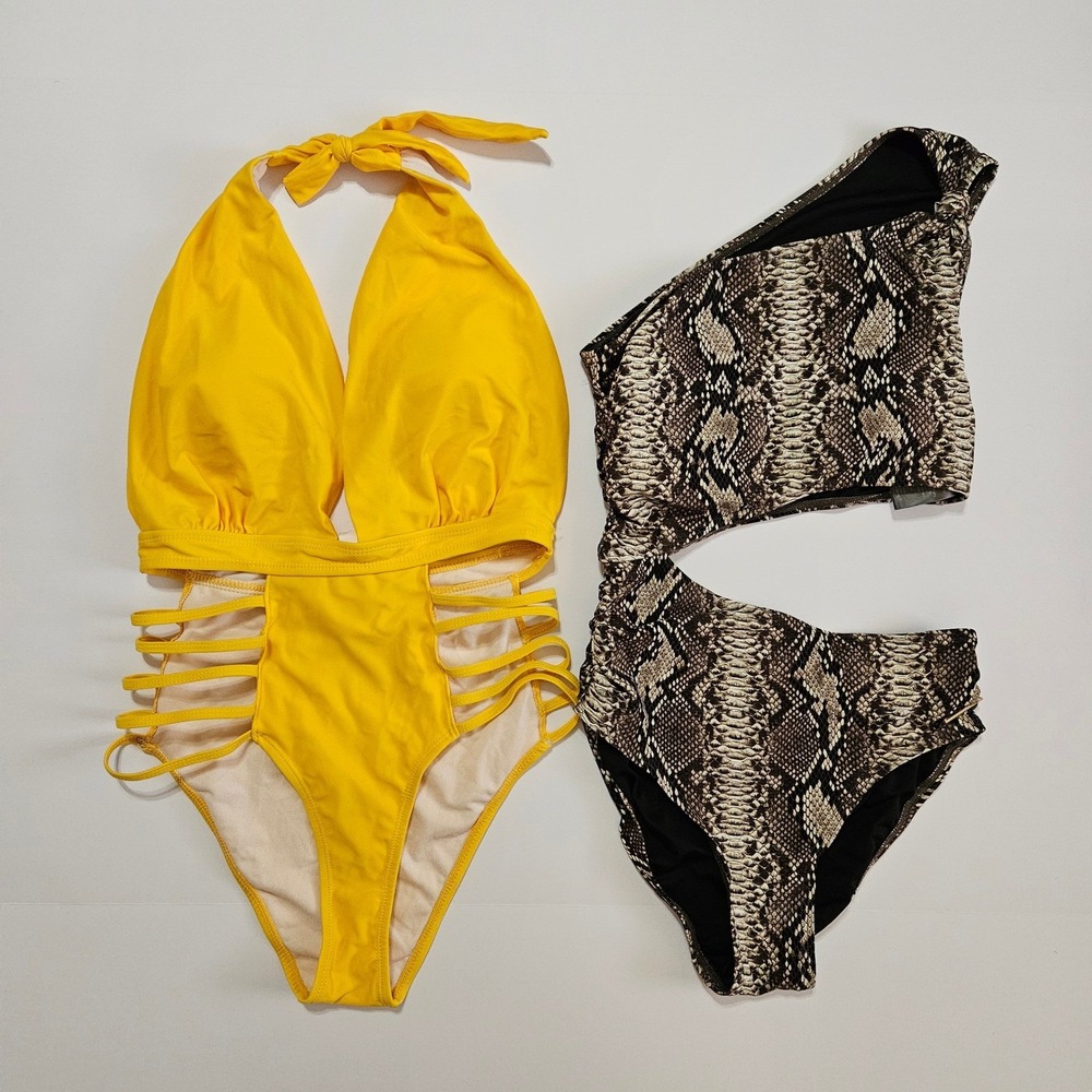 Vince Camuto Snake‎ Print One Shoulder & Model Yellow Halter Swimsuit Size 8 M